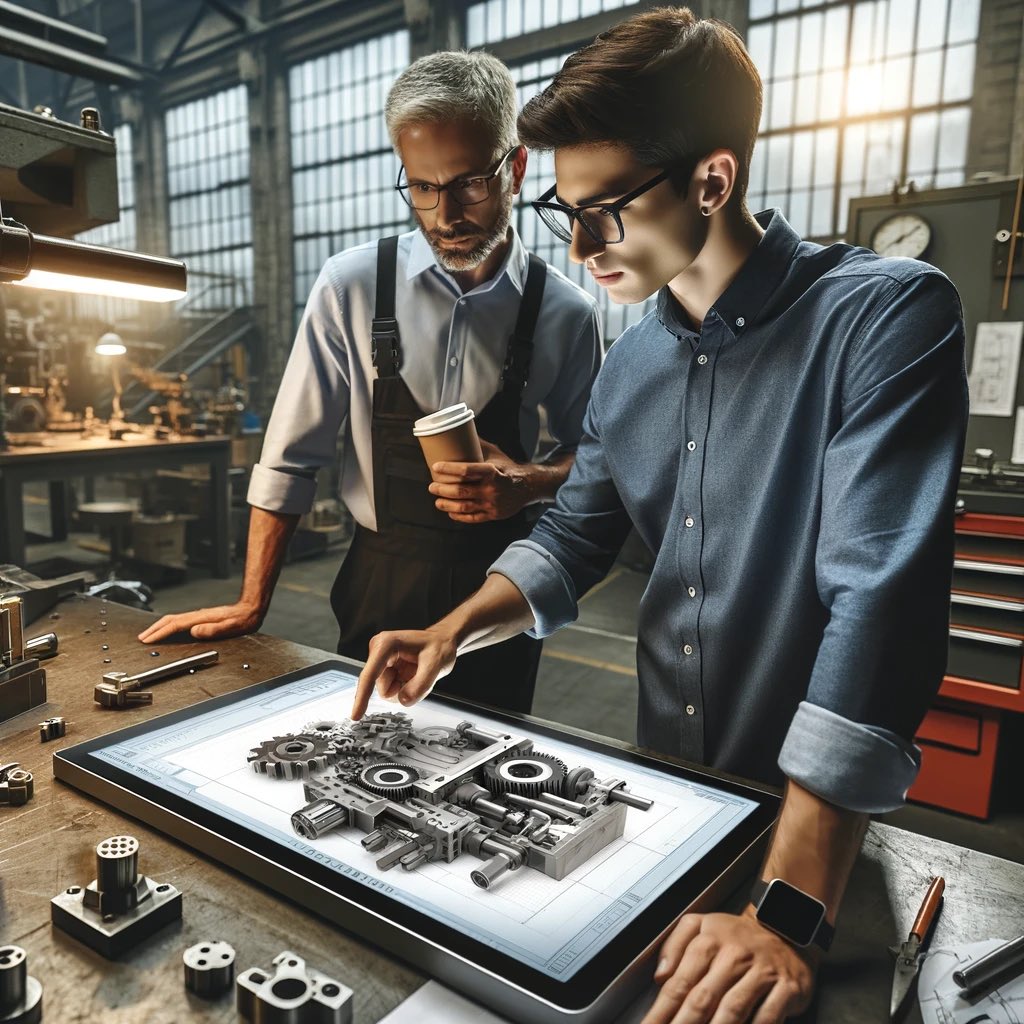 Two people, an engineer and a manufacturer, reviewing a machine design on a digital tablet. They are standing in a machine shop.